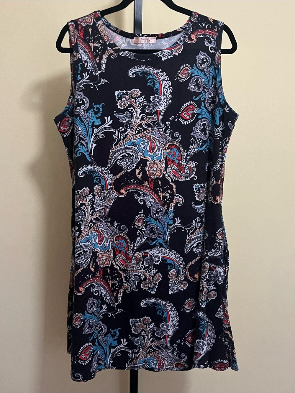 Transt Sleeveless Paisley Print Midi Dress - Black with Blue & Red Accents